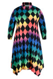 Colour Casual Print Split Joint Buckle Asymmetrical Turndown Collar A Line Plus Size Dresses