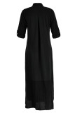 Черное повседневное платье-рубашка с отложным воротником и пряжкой в ​​стиле пэчворк Платья Платья