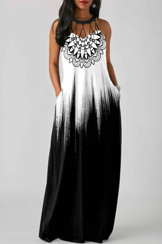 Zwart-wit Mode Sexy Print uitgeholde patchwork O-hals mouwloze jurk