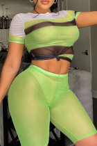 Groene mode Sexy effen patchwork doorschijnend O-hals met korte mouwen, twee stukken