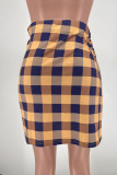 Pantalones casuales estampados a cuadros estampados vendaje patchwork asimétrico cintura alta estampado completo amarillo