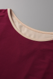 Burgundy Casual Solid Bandage O Neck Short Sleeve Two Pieces