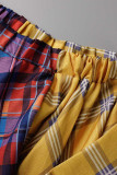 Красно-желтые повседневные уличные клетчатые принты в стиле пэчворк Асимметричные штаны с высокой талией и полным принтом