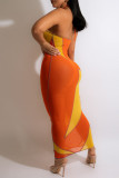 Orange Mode Sexig Solid Bandage Patchwork Genomskinlig Backless Halter Ärmlös klänning