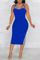 Blauwe sexy effen uitgeholde patchwork backless spleet spaghetti band mouwloze jurk