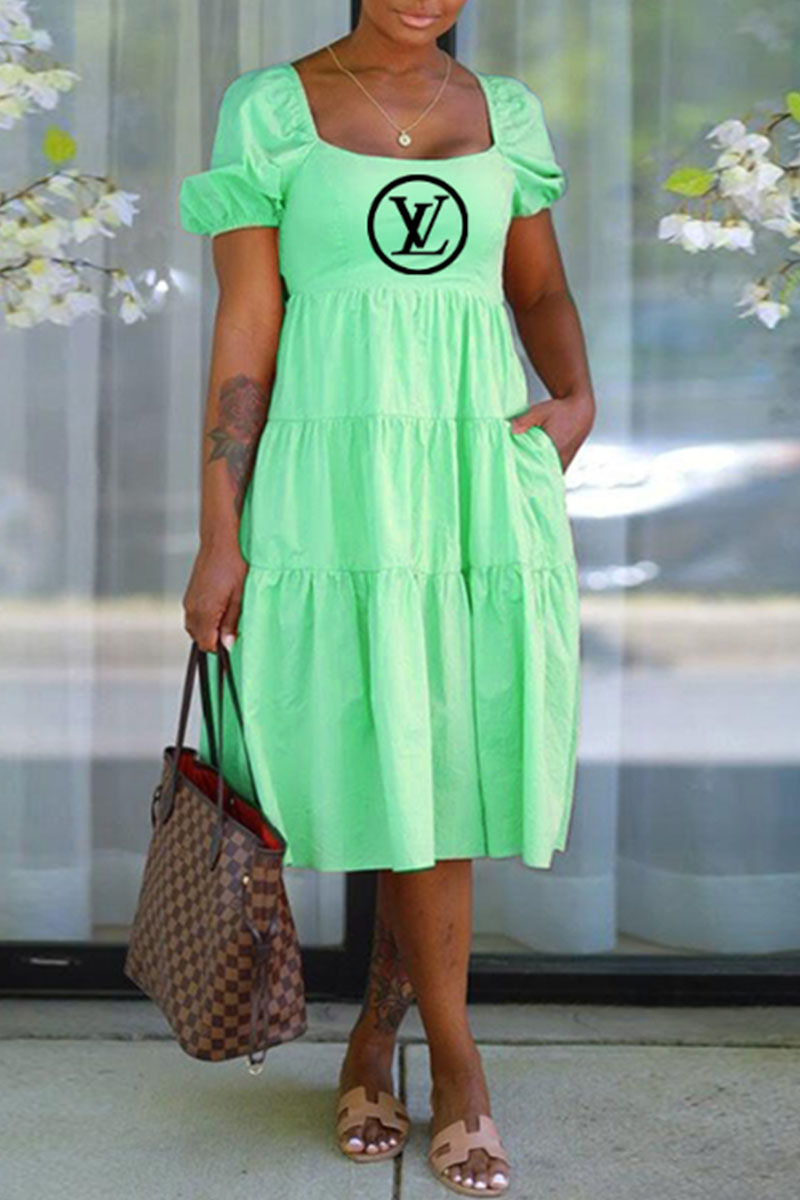 

Light Green Fashion Casual Print Letter Square Collar Princess Dresses