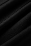 ブラック エレガント ソリッド パッチワーク フラウンス フォールド O ネック ワン ステップ スカート ドレス