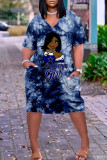 Vestidos rectos con cuello en V de patchwork con estampado informal azul colorido