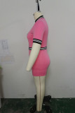 Pink Fashion Casual Plus Size Letter Print Patchwork Zipper Collar Short Sleeve Dress