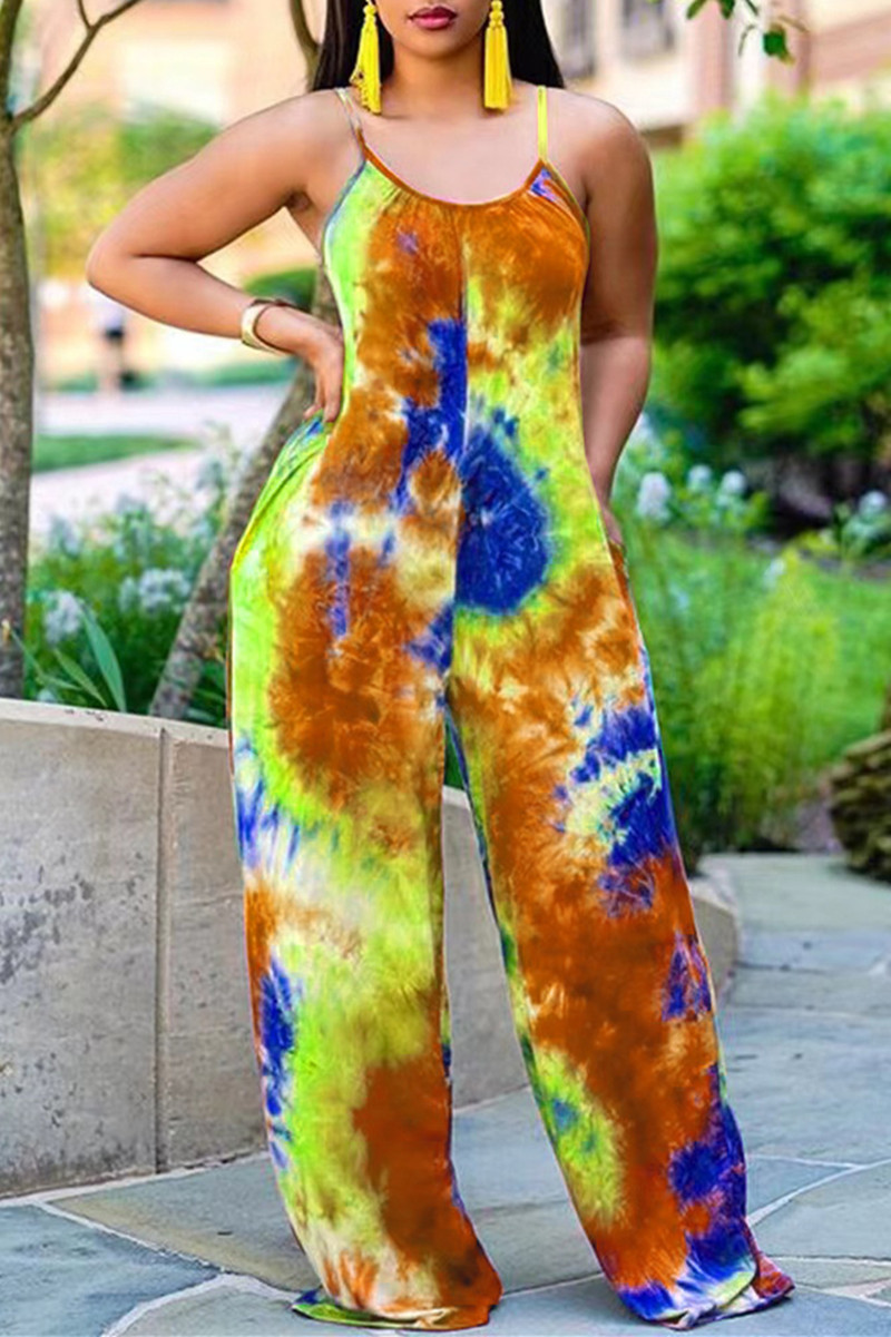 

Brown Fashion Casual Tie Dye Printing Spaghetti Strap Regular Jumpsuits