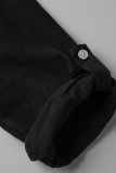 Schwarze, lässige, solide Patchwork-Schnalle mit Umlegekragen, Hemdkleider