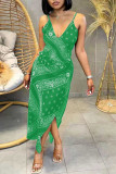 Grünes Mode-reizvolles Druck-rückenfreies Sling-Kleid mit V-Ausschnitt