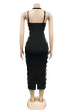 Black Sexy Solid Hollowed Out Patchwork Backless Slit Spaghetti Strap Sleeveless Dress