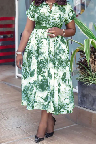 Green Casual Elegant Print Split Joint Turndown Collar Dresses