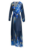 Blau Gelb Casual Elegant Print Patchwork V-Ausschnitt Gerade Kleider