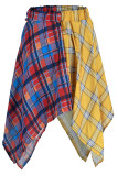Rojo amarillo casual street tartán estampado patchwork asimétrico cintura alta tipo A estampado completo bottoms