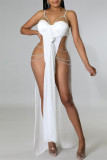 Vestido longo branco moda sexy patchwork furação a quente sem costas com fenda e alça de espaguete