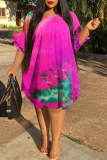 Pink Fashion Patchwork Tie-dye O Neck Straight Plus Size Dresses