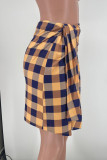Geel Casual Plaid Print Bandage Patchwork Asymmetrische Hoge Taille Full Print Bodems