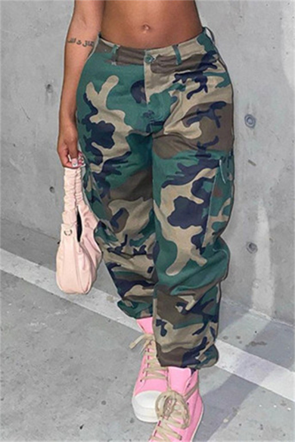 Armégrönt Mode Casual Camouflage Print Basic Vanliga byxor med hög midja