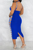 Vestido azul sexy sólido vazado patchwork sem costas fenda e alça de espaguete sem mangas