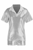 White Fashion Casual Bronzing Basic Turndown Collar Short Sleeve Two Pieces T-shirt Tops And Shorts Sets