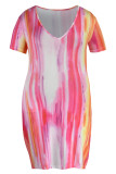 Pink Fashion Casual Plus Size Print Basic Short Sleeve Dress