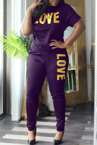 Purple Fashion Casual Letter Print Basic O Neck Short Sleeve Two Pieces