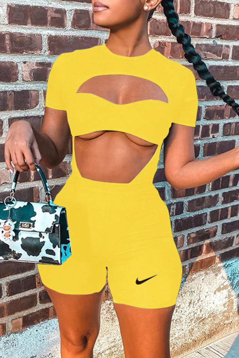 

Yellow Fashion Sexy Print Patchwork O Neck Short Sleeve Two Pieces