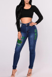 Schwarz Mode Casual Print Basic Skinny Denim Jeans mit mittlerer Taille
