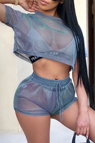 Blue Fashion Sexy Solid See-through O Neck Short Sleeve Two Pieces