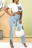 Baby Blue Fashion Casual Solid Ripped Bandage Slit High Waist Regular Denim Jeans