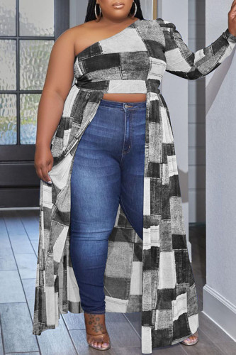 Black Casual Plaid Print Patchwork Asymmetrical Oblique Collar Irregular Dress Plus Size Dresses