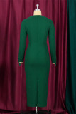 グリーンファッションセクシーなソリッドタッセルパッチワークスリットVネック長袖プラスサイズのドレス
