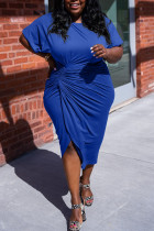 Blauwe casual effen patchwork vouw asymmetrische O-hals plus size jurken