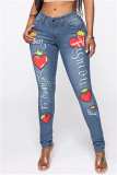 Jeans jeans skinny azul claro moda casual estampa patchwork cintura média
