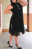 Zwart Mode Casual Grote maten effen patchwork Halve coltrui mouwloze jurk