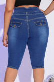 Blaue, modische, lässige, solide, zerrissene, Patchwork-Jeansshorts mit hoher Taille und Übergröße
