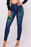 Svart Mode Casual Print Basic Skinny Denim Jeans med mitten av midjan