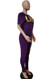 Фиолетовый модный повседневный принт с буквенным принтом, базовый, с круглым вырезом, с коротким рукавом, из двух частей