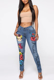 Lichtblauwe modieuze casual print patchwork skinny jeans met halfhoge taille
