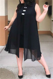 Черное модное повседневное платье больших размеров в стиле пэчворк без рукавов на половину водолазки