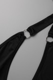 Черные сексуальные однотонные лоскутные прозрачные узкие комбинезоны с асимметричным воротником