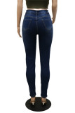 Jeans jeans skinny com estampa casual moda azul profundo patchwork cintura média