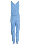 Blaue, lässig bedruckte, reguläre Jumpsuits mit U-Ausschnitt und Patchwork