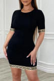 Черное модное повседневное платье в стиле пэчворк с круглым вырезом и коротким рукавом