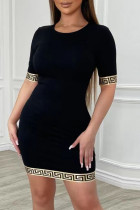 Zwarte mode casual print patchwork O-hals jurk met korte mouwen