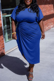Синие повседневные однотонные лоскутные асимметричные платья больших размеров в складку с круглым вырезом