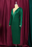 グリーンファッションセクシーなソリッドタッセルパッチワークスリットVネック長袖プラスサイズのドレス