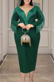 Зеленые модные сексуальные однотонные платья с кисточками в стиле пэчворк с разрезом и V-образным вырезом с длинными рукавами и платьями больших размеров